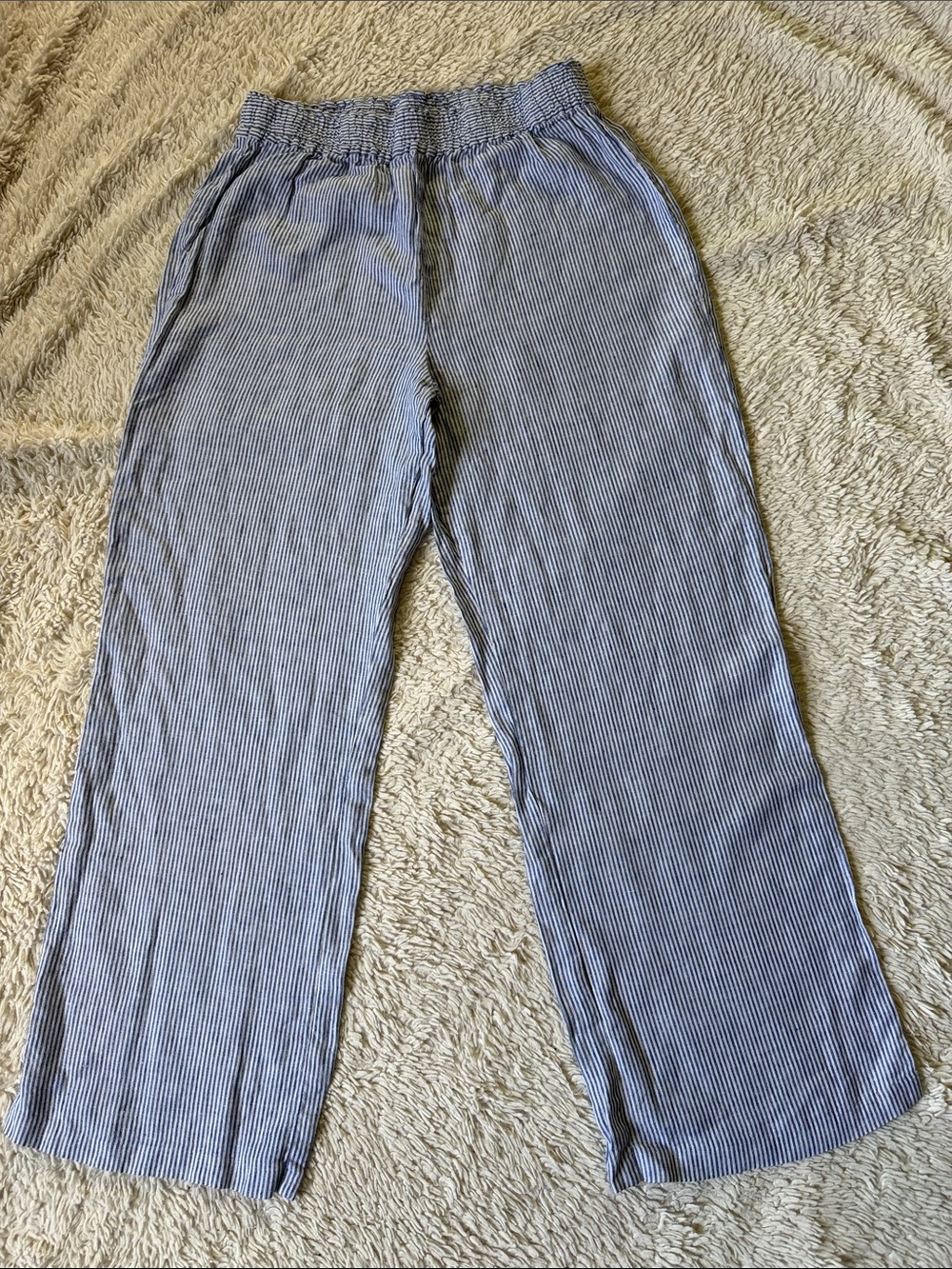 Chelsea Theodore Women  100% Linen Striped Pants High Rise Elastic Waist
